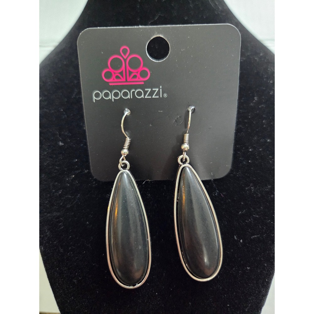 Paparazzi Drop Earrings Women OS Black Silver Teardrop Stone Dangle Fishhook